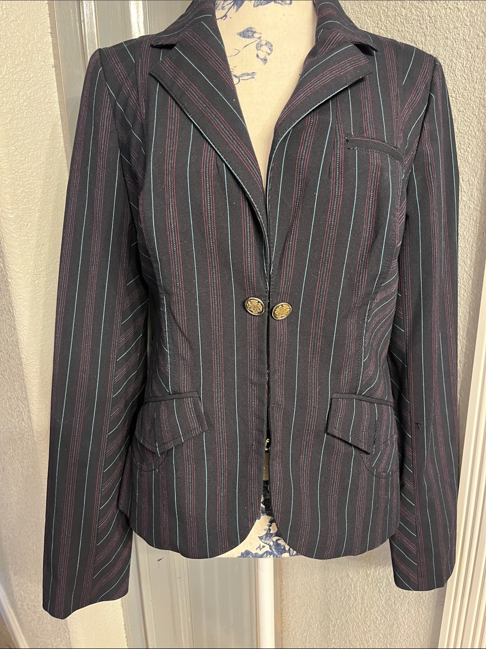 Y2K Guess Black Blazer with Pink & Teal Stripe Gold Buttons and Hot Pink lining.